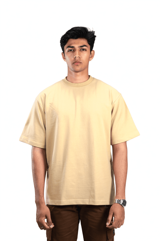 Beige Solid Oversized T-Shirts for Men 100% Cotton | Drop Shoulder Baggy T Shirt - Echolope