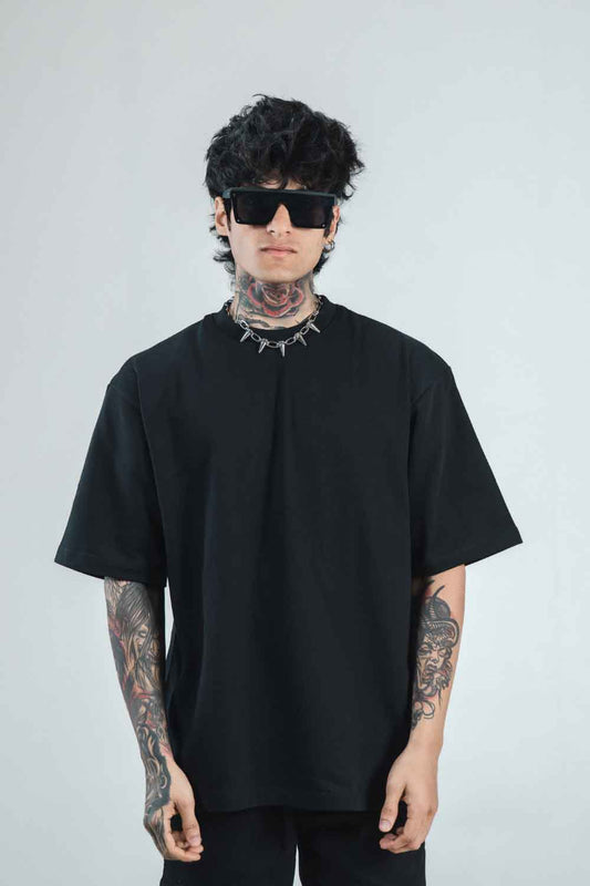 Black Solid Oversized T-Shirts for Men 100% Cotton | Drop Shoulder Baggy T Shirt - Echolope