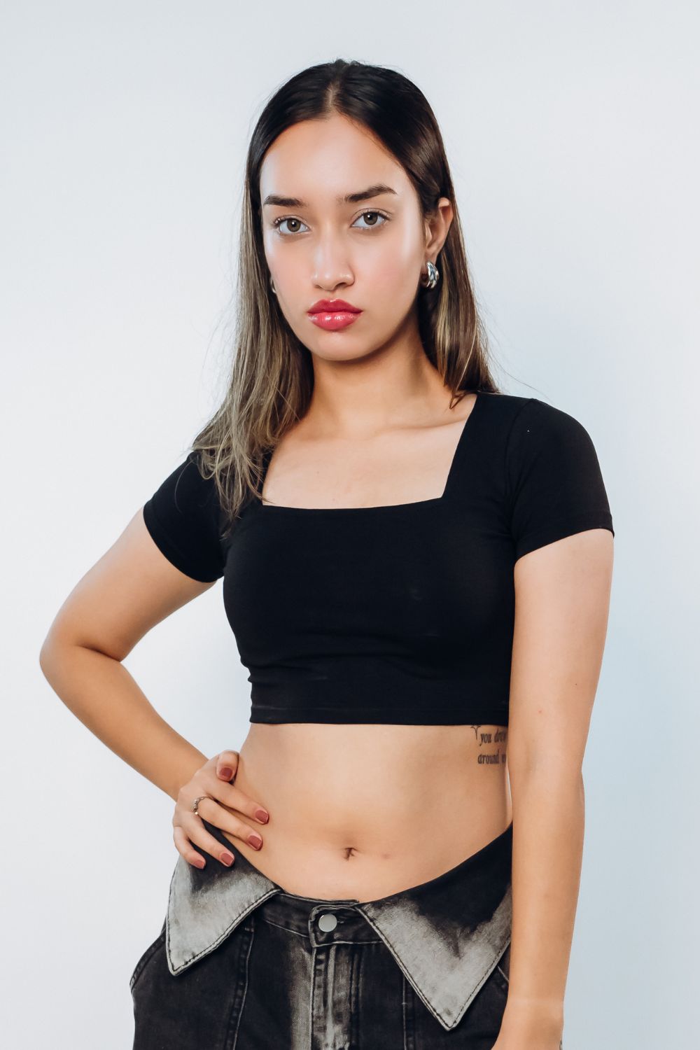 Black Square Neck Solid Crop Top - Echolope