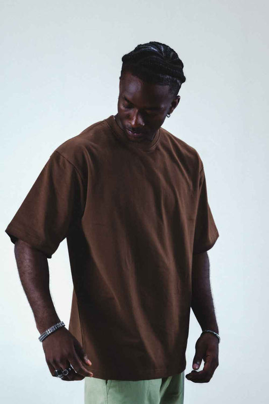 Brown Solid Oversized T-Shirts for Men 100% Cotton | Drop Shoulder Baggy T Shirt - Echolope