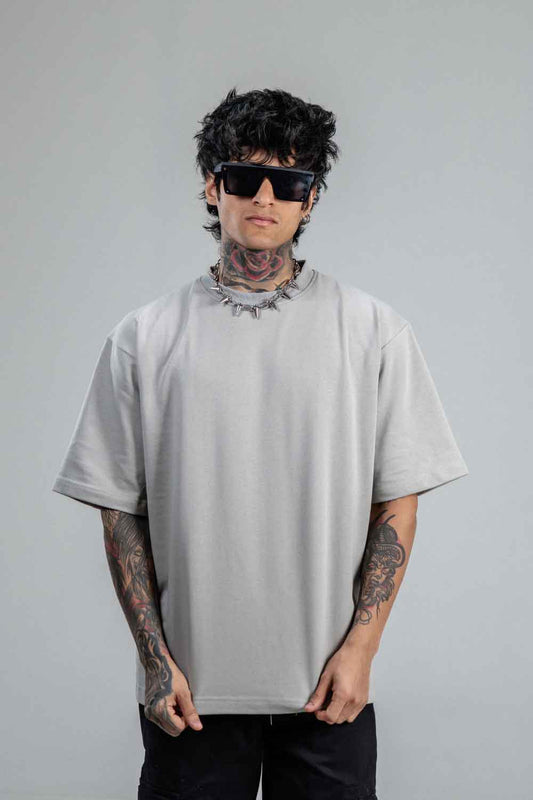 Grey Solid Oversized T-Shirts for Men 100% Cotton | Drop Shoulder Baggy T Shirt - Echolope