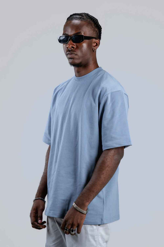Ocean Blue Solid Oversized T-Shirts for Men 100% Cotton | Drop Shoulder Baggy T Shirt - Echolope