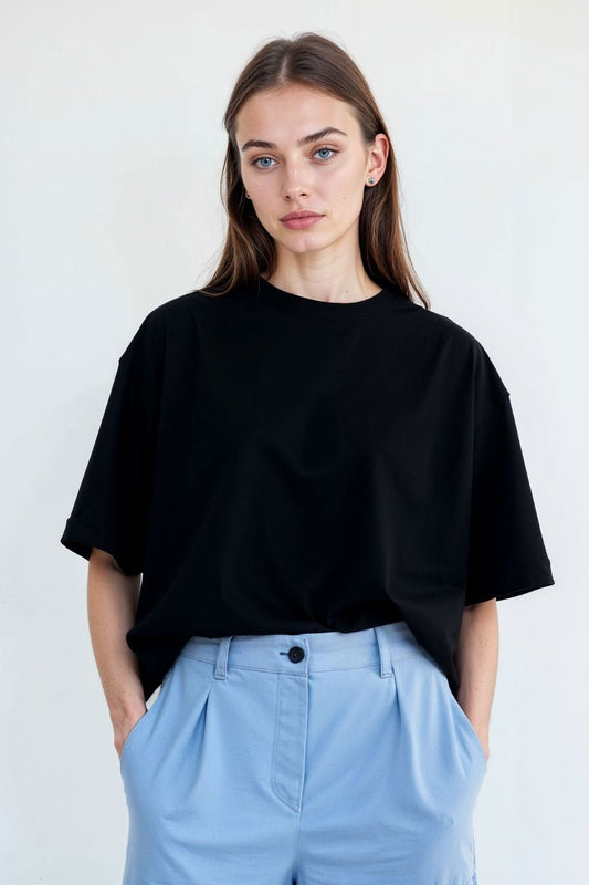 Oversized Black Solid Baggy Cotton T-Shirt for Women - Echolope