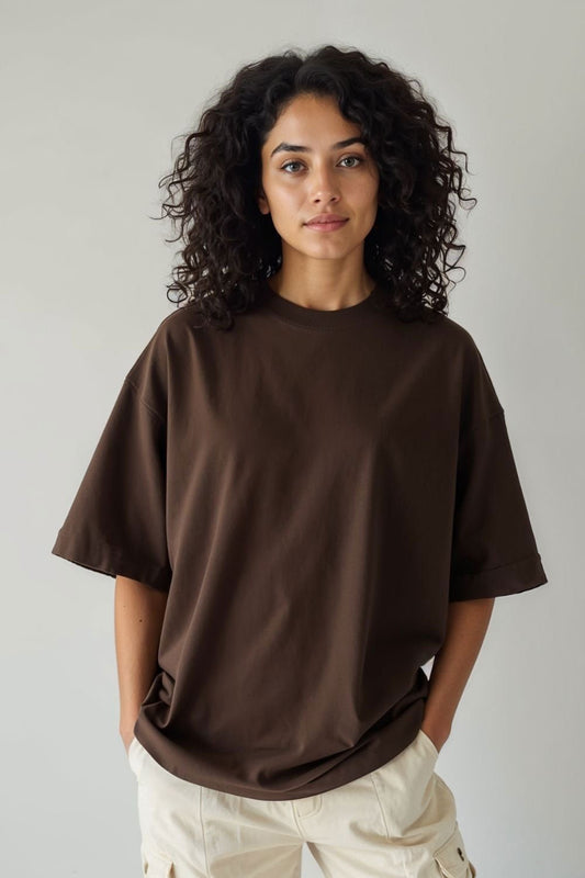 Oversized Dark Brown Solid Baggy Cotton T-Shirt for Women - Echolope