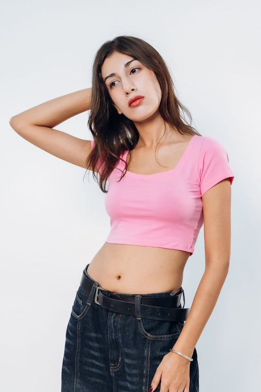 Pink Square Neck Solid Crop Top - Echolope
