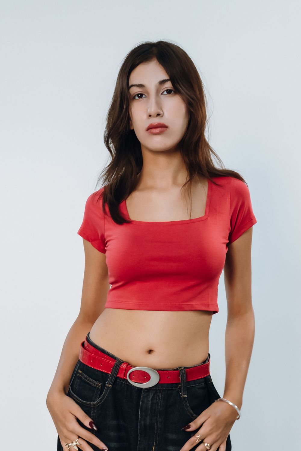 Red Square Neck Solid Crop Top - Echolope