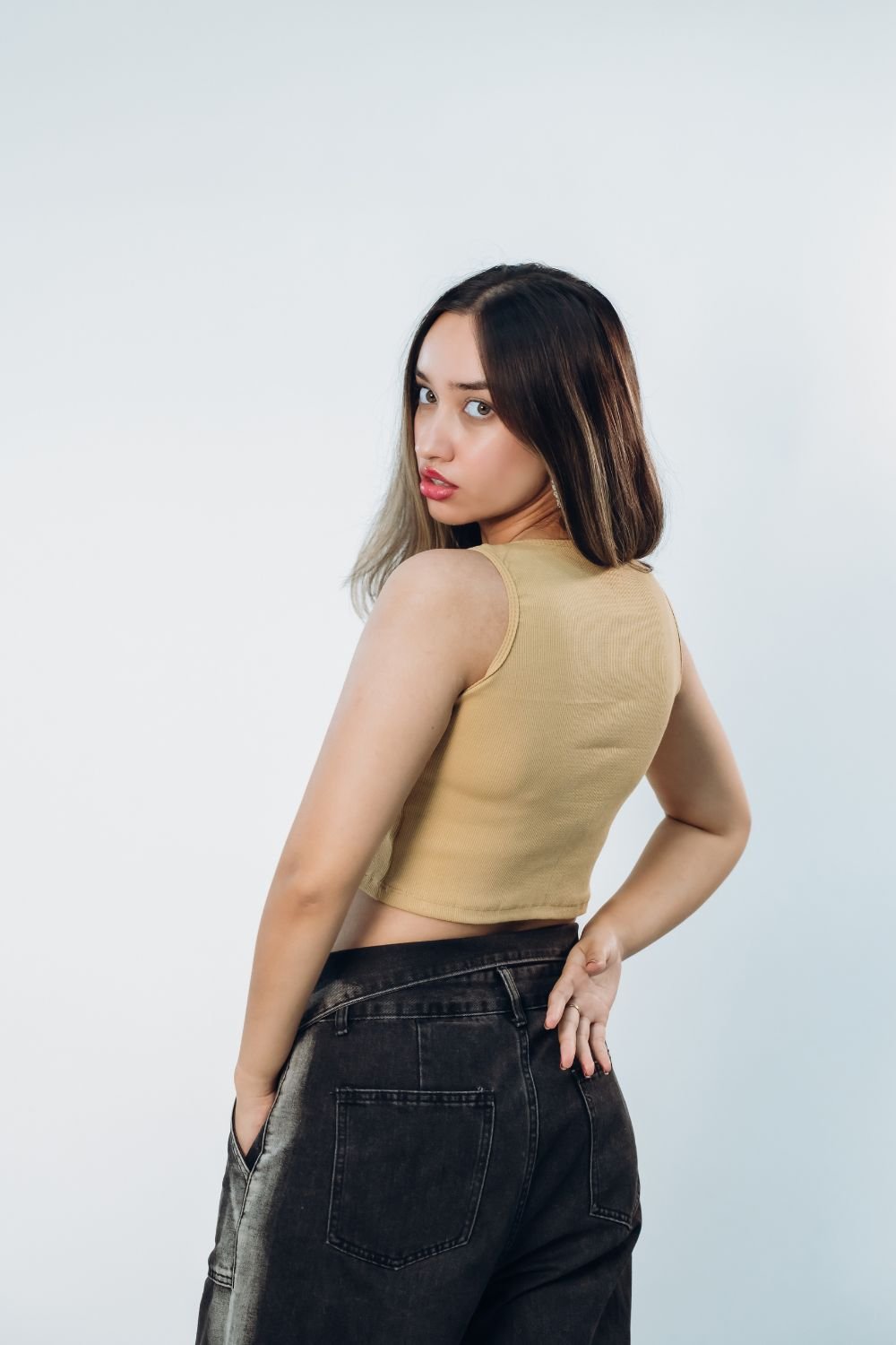 Sleeveless Ribbed Crop Top in Beige - Echolope