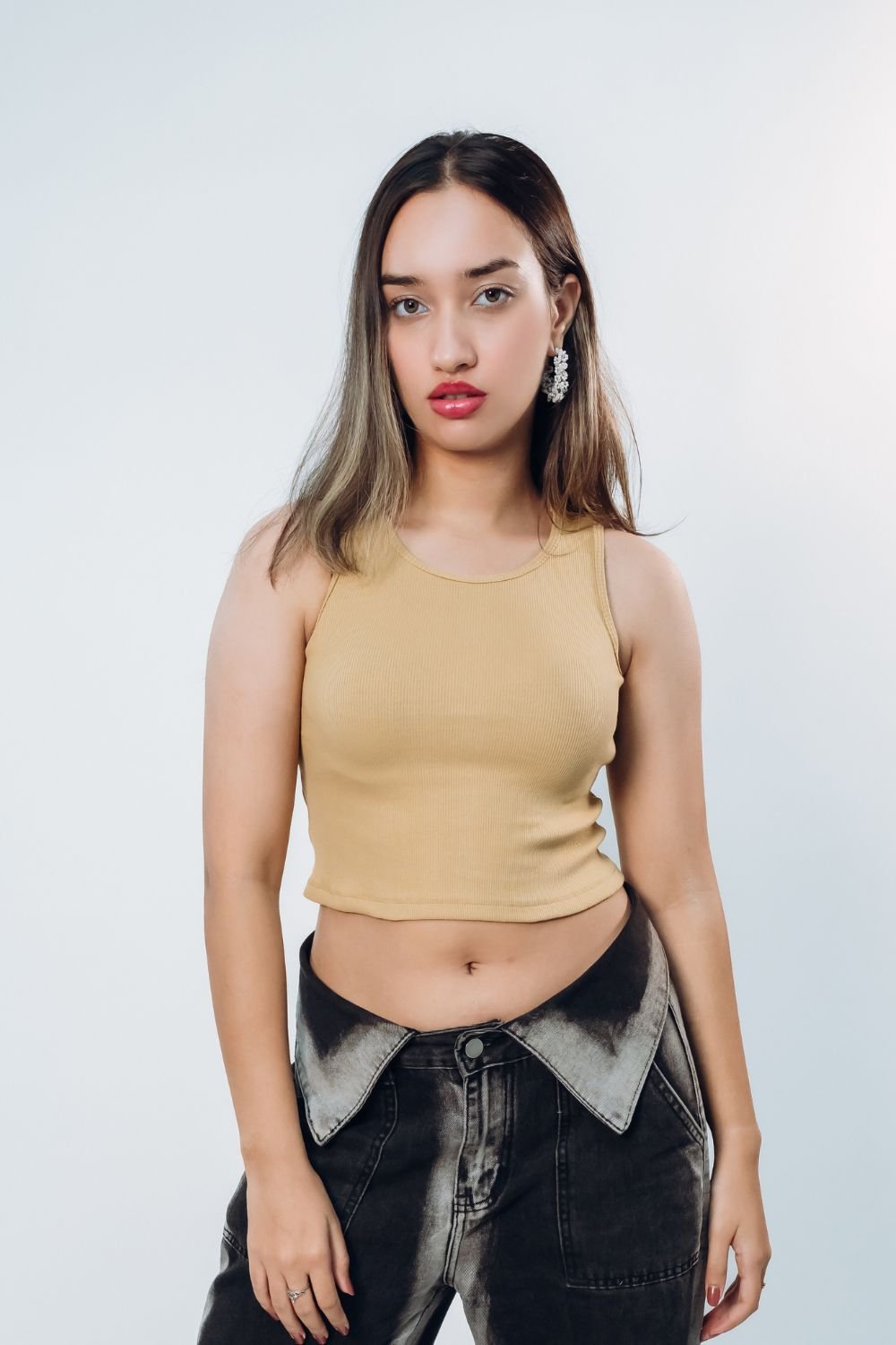 Sleeveless Ribbed Crop Top in Beige - Echolope