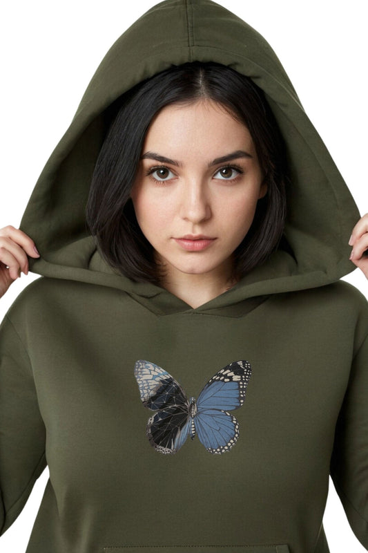 Women Printed Overize Premium Fleece Olive Green Hoodie - Echolope