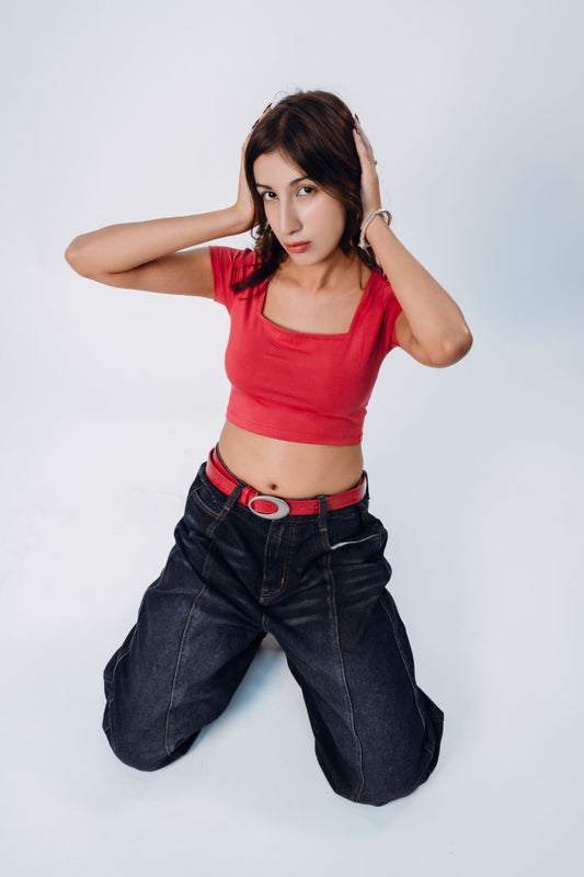 Red Square Neck Solid Crop Top