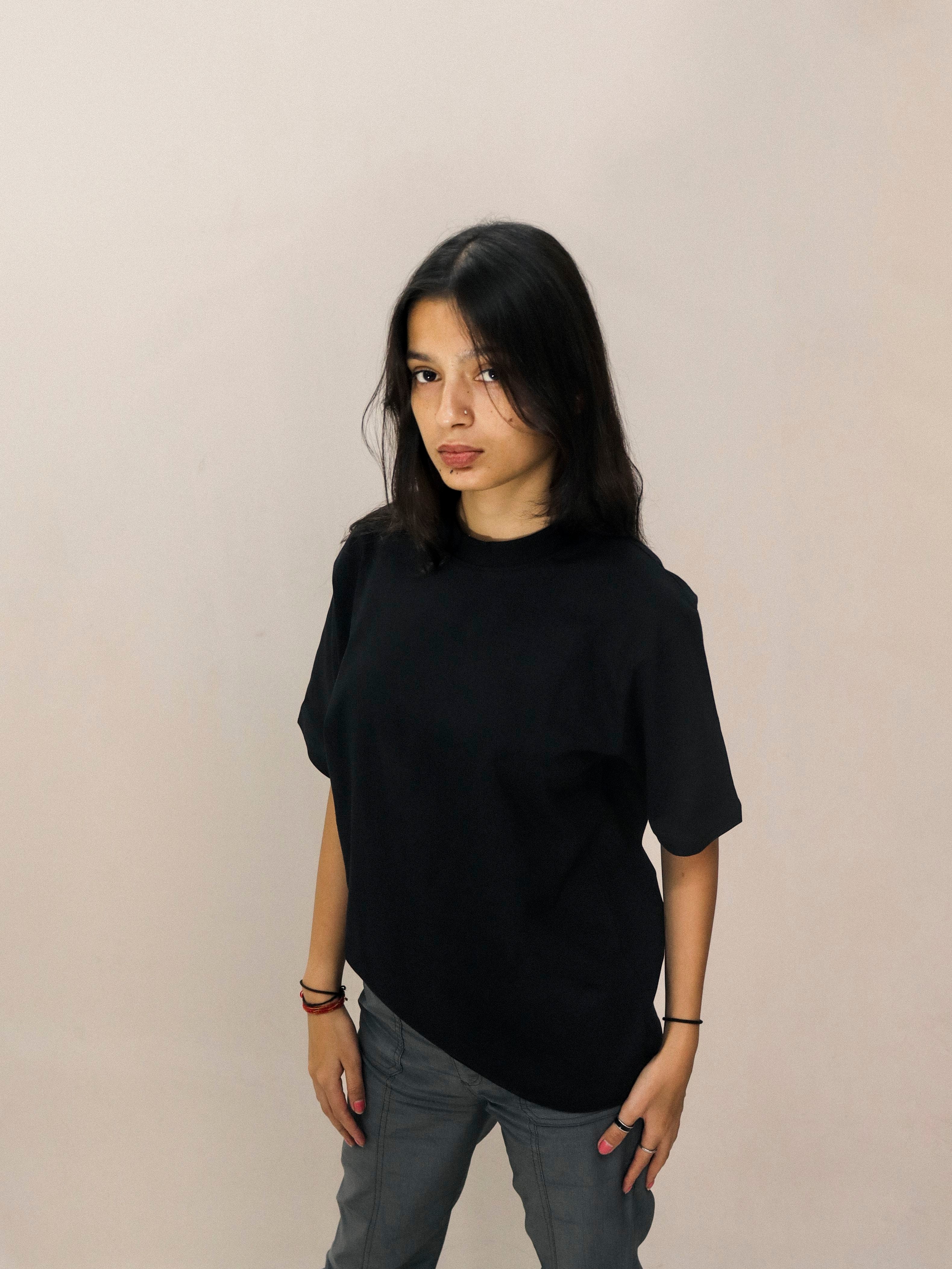 Women Oversized Solid Black T-Shirt – Minimalist Casual Essential | Premium Black plain t-shirt for women