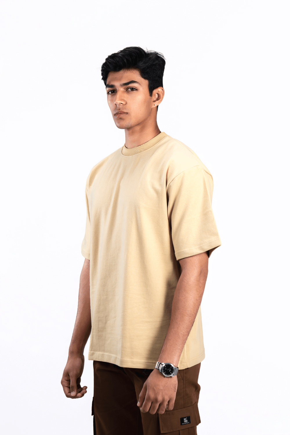 Beige Solid Oversized T-Shirts for Men 100% Cotton | Drop Shoulder Baggy T Shirt - Echolope