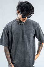 Black Acid Wash Oversize Solid T-shirt For Men - Echolope