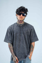 Black Acid Wash Oversize Solid T-shirt For Men - Echolope