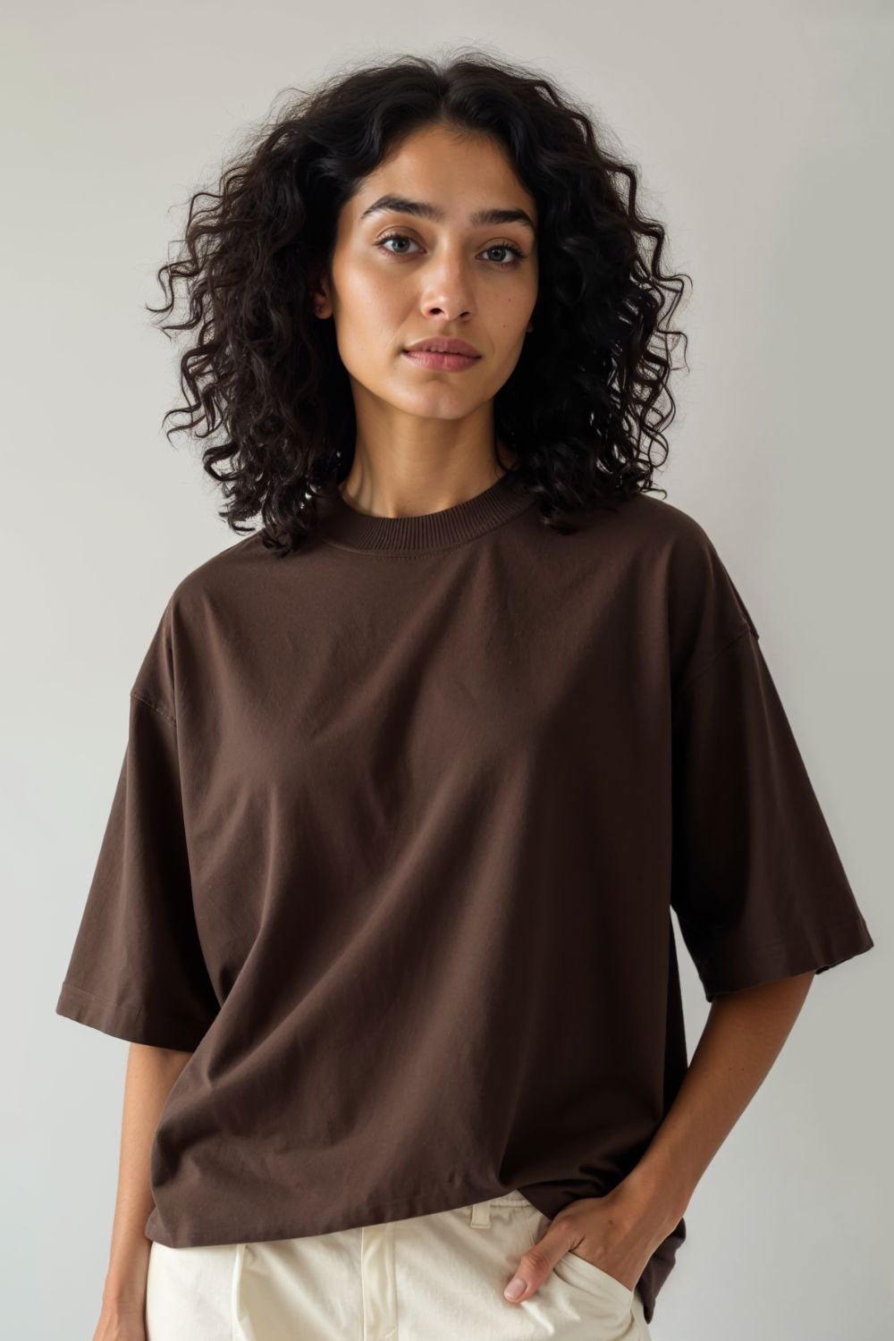 Oversized Dark Brown Solid Baggy Cotton T-Shirt for Women - Echolope