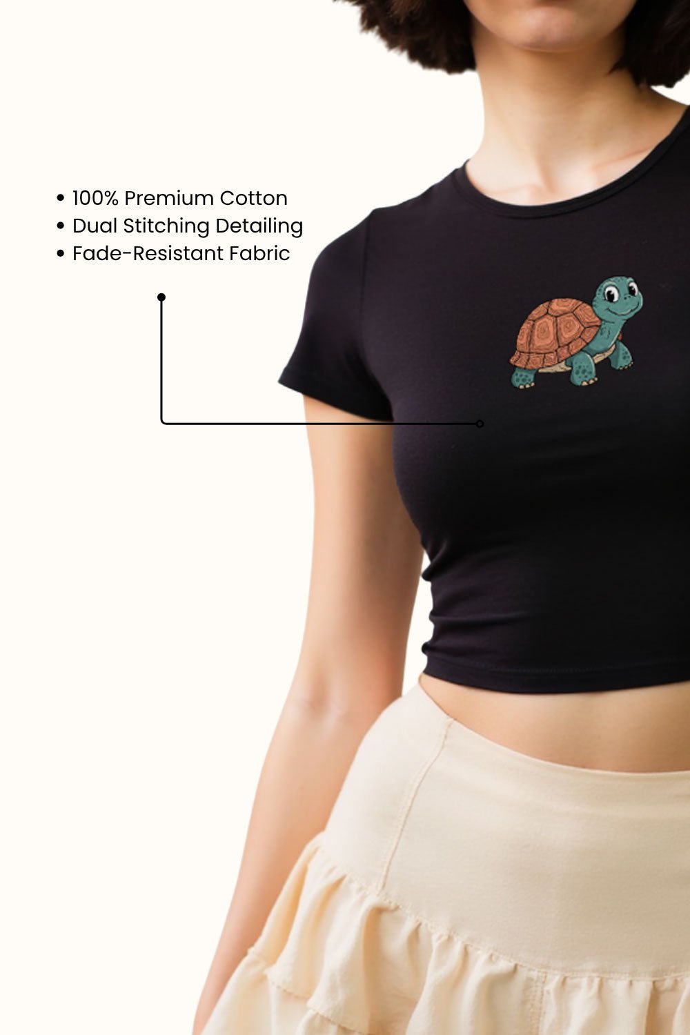 Women’s Black Cartoon Turtle Crop Top - Echolope