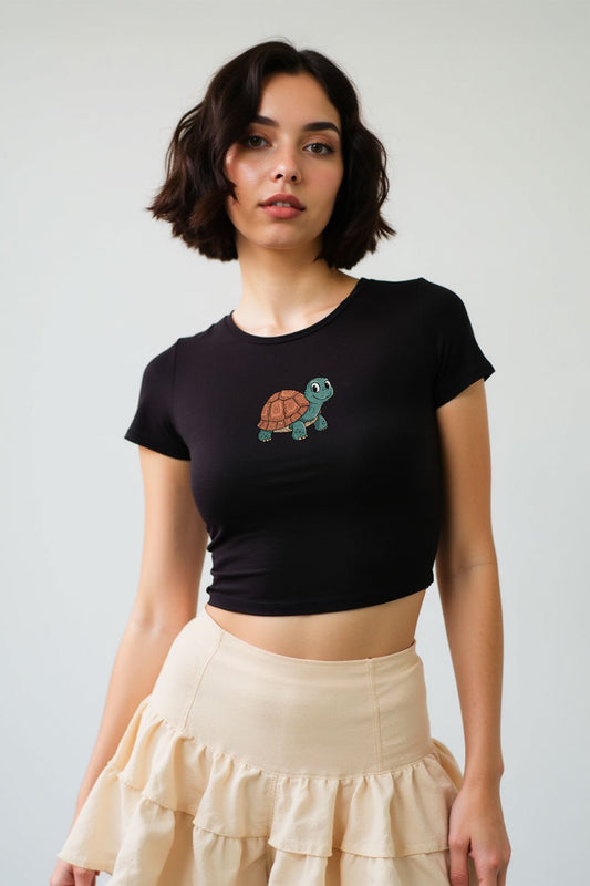 Women’s Black Cartoon Turtle Crop Top - Echolope